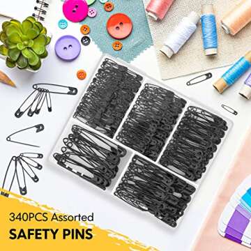 Safety Pins Assorted, 340-Pack 5 Different Sizes Large Safety Pins Heavy Duty, Safety Pins for Clothes Costume, Small Safety Pins for Sewing Jewelry Making, Arts and Crafts Supplies, Black