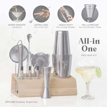 BARE BARREL® Mixology Bartender Kit Bar Set | 14-Piece Cocktail Shaker Set | Martini Barware Mixing Tools for Home Bartending | Incl. 35 Recipe Cards | Gift Set (28oz Boston Shaker, Gray/Natural)