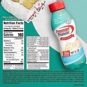 Premier Protein Shake, Cake Batter, 30g Protein, 1g Sugar, 24 Vitamins & Minerals, Nutrients to Support Immune Health, 11.5 Fl Oz, 12 Count