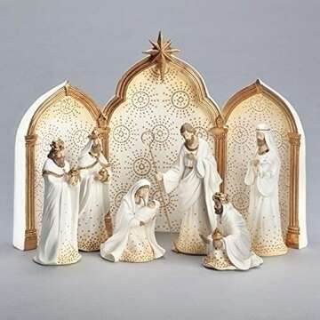 Roman 133014 Nativity Gold Dot Ivory with Triptych Backdrop Set of 9, 11.25 inch