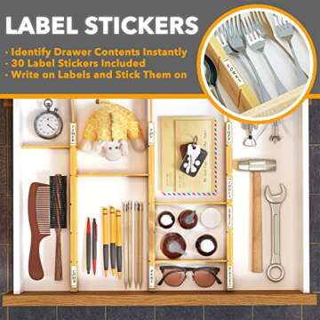 SpaceAid Bamboo Drawer Dividers with Inserts and Labels, Kitchen Adjustable Drawer Organizers, Expandable Organization for Home, Office, Dressers and Bathroom, 8 Dividers with 18 Inserts (17-22 in)