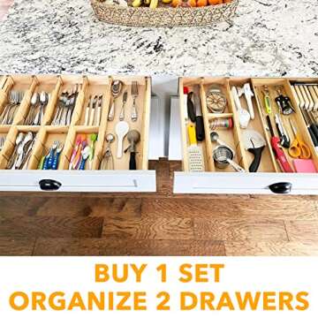 SpaceAid Bamboo Drawer Dividers with Inserts and Labels, Kitchen Adjustable Drawer Organizers, Expandable Organization for Home, Office, Dressers and Bathroom, 8 Dividers with 18 Inserts (17-22 in)