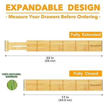 SpaceAid Bamboo Drawer Dividers with Inserts and Labels, Kitchen Adjustable Drawer Organizers, Expandable Organization for Home, Office, Dressers and Bathroom, 8 Dividers with 18 Inserts (17-22 in)