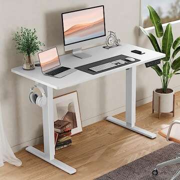 SMUG Standing Desk, Adjustable Height Electric Sit Stand Up Down Computer Table, 48x24 Inch Ergonomic Rising Modern Lift Motorized Gaming Desktop Workstation for Work Home Office, White