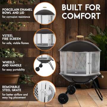 Fire Sense 01471 Fire Pit Bessemer Rolling Patio Fireplace Wooden Bonfire Porcelain Enamel Wood Burning with Wheels & Handle Grip for Outdoor Entertaining - Black & Silver - 28"