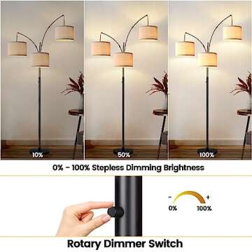 Dimmable Floor Lamp - 3 Lights Arc Floor Lamps for Living Room, 1000LM Modern Tall Standing Lamp with Beige Shades & Heavy Base, Mid Century Tree Floor Lamp for Bedroom Office, 3 LED Bulbs Included