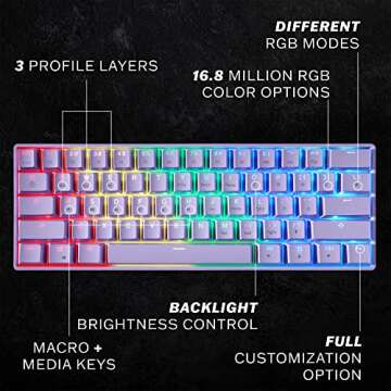 HK GAMING GK61 Mechanical Gaming Keyboard - 61 Keys Multi Color RGB Illuminated LED Backlit Wired Programmable for PC/Mac Gamer (Gateron Optical Blue, Lavender)