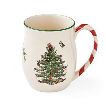 Spode Christmas Tree 14 oz Holiday Mugs (Set of 4) - Festive Coffee Mugs with Peppermint Candy Cane Handle, Stoneware Christmas Mugs Ideal for Hot Cocoa - Holiday Tea Mugs, Winter Beverages