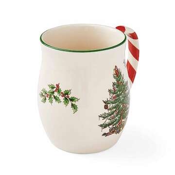 Spode Christmas Tree 14 oz Holiday Mugs (Set of 4) - Festive Coffee Mugs with Peppermint Candy Cane Handle, Stoneware Christmas Mugs Ideal for Hot Cocoa - Holiday Tea Mugs, Winter Beverages