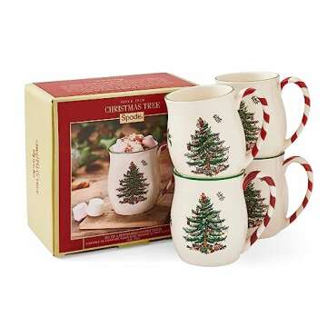 Spode Christmas Tree 14 oz Holiday Mugs (Set of 4) - Festive Coffee Mugs with Peppermint Candy Cane Handle, Stoneware Christmas Mugs Ideal for Hot Cocoa - Holiday Tea Mugs, Winter Beverages