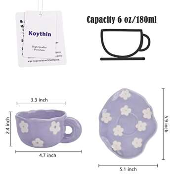 Koythin Ceramic Coffee Mug with Saucer Set, Cute Creative Cup Unique Irregular Saucer Design for Office and Home, 6 oz/180 ml for Latte Tea Milk (Purple Flower)