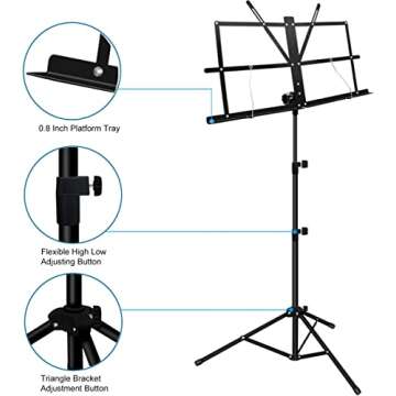 Sheet Music Stand, Mugig Folding Music Stand, 29-50inch Height, 18x11" Plate with Book Clips, Professional Collapsible Music Stand, Portable with Carry Bag, Suitable for Instrumental Performance