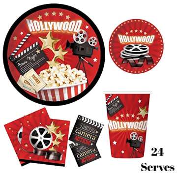 Oojami 24 Guest Movie Night Party Supplies Includes Plates, Cups, 2 Table Covers, Lunch Napkins, Beverage Napkins, 1 Banner - Now Showing, Ideal for Movie Night Birthday Awards Ceremony Theme Party