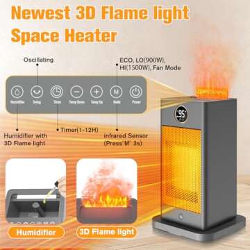 Space Heaters for Indoor Use,1500W PTC 2s Fast Heating Space Heater Large Room with Sensor Humidifier 3D Flame Effect Oscillating,Heater for Bedroom,Office Grey