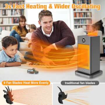 Space Heaters for Indoor Use,1500W PTC 2s Fast Heating Space Heater Large Room with Sensor Humidifier 3D Flame Effect Oscillating,Heater for Bedroom,Office Grey