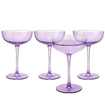 The Wine Savant Colored Coupe Glass | 7oz | Set of 4 Colorful Champagne & Cocktail Glasses, Fancy Manhattan, Crystal Martini, Cocktails Set, Margarita Bar Glassware Gift, Vintage (Lavender Purple)