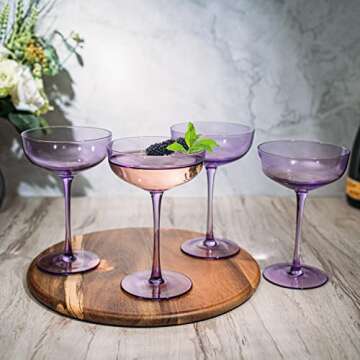 The Wine Savant Colored Coupe Glass | 7oz | Set of 4 Colorful Champagne & Cocktail Glasses, Fancy Manhattan, Crystal Martini, Cocktails Set, Margarita Bar Glassware Gift, Vintage (Lavender Purple)