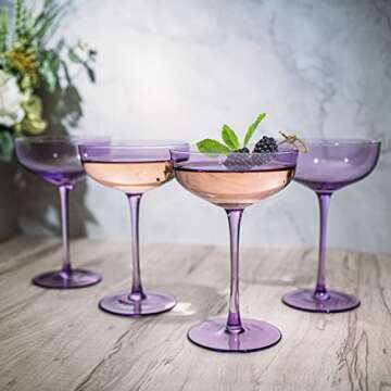 The Wine Savant Colored Coupe Glass | 7oz | Set of 4 Colorful Champagne & Cocktail Glasses, Fancy Manhattan, Crystal Martini, Cocktails Set, Margarita Bar Glassware Gift, Vintage (Lavender Purple)