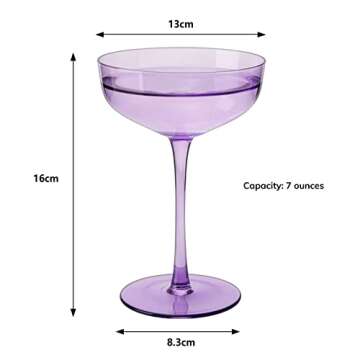 The Wine Savant Colored Coupe Glass | 7oz | Set of 4 Colorful Champagne & Cocktail Glasses, Fancy Manhattan, Crystal Martini, Cocktails Set, Margarita Bar Glassware Gift, Vintage (Lavender Purple)