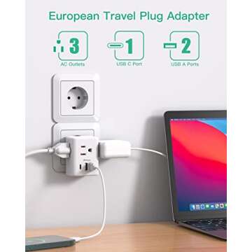 European Travel Plug Adapter with USB Charging Ports(1 USB C), International Type C Power Adapter for US to Most of Europe EU Italy France Spain Germany Greece