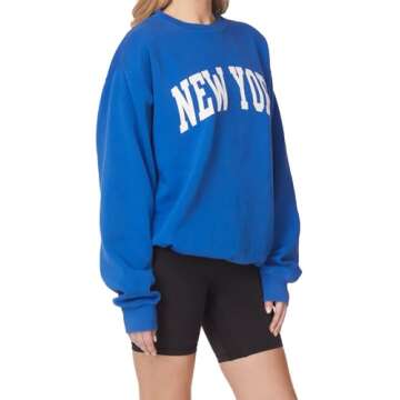 Secret Island USA Women's Vintage Oversized New York Varsity Graphic Crewneck Sweatshirt Large Royal Blue