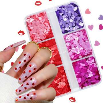 6Grids Valentine's Day Nail Art Glitter Sequins Kits - Shining 3D Heart Designs