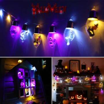 Halloween Bulb String Lights, Battery Operated Powerd 8.2 FT 12 LED Orange Purple White Skeleton Pumpkin Tombstone Spooky Decorations Cute Timer 8 Lighting Modes Twinkle Indoor Outdoor Window Decor