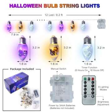 Halloween Bulb String Lights, Battery Operated Powerd 8.2 FT 12 LED Orange Purple White Skeleton Pumpkin Tombstone Spooky Decorations Cute Timer 8 Lighting Modes Twinkle Indoor Outdoor Window Decor