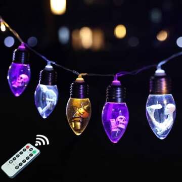 Halloween Bulb String Lights, Battery Operated Powerd 8.2 FT 12 LED Orange Purple White Skeleton Pumpkin Tombstone Spooky Decorations Cute Timer 8 Lighting Modes Twinkle Indoor Outdoor Window Decor