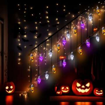 Halloween Bulb String Lights, Battery Operated Powerd 8.2 FT 12 LED Orange Purple White Skeleton Pumpkin Tombstone Spooky Decorations Cute Timer 8 Lighting Modes Twinkle Indoor Outdoor Window Decor