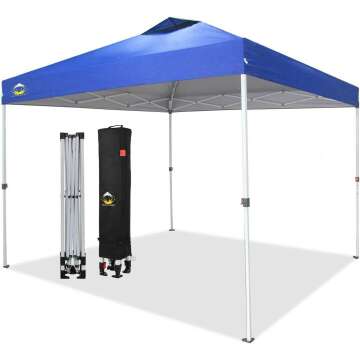CROWN SHADES 10x10 Pop Up Canopy, Patented One Push Tent Canopy, Newly Designed Storage Bag, 8 Stakes, 4 Ropes, Blue