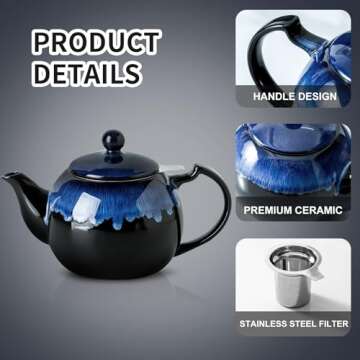 KOOV Nebula Blue Tea Pot with Infuser - 34 oz Ceramic Teapot for 6 Cups