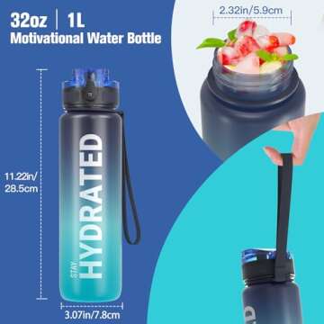 Sahara Sailor Water Bottle 32oz, Durable and Leakproof Water Bottles Motivational with Time Marker, Tritan, BPA Free, Wide Mouth with Easy Clean Brush for Gym, Travel, Home, School, Office (1 Bottle)