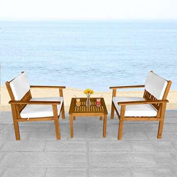 3-Piece Acacia Wood Patio Bistro Set Patio Furniture Outdoor Chat Conversation Table Chair Set Outdoor Wood Chat Set with Water Resistant Cushions and Coffee Table Chairs for Beach Backyard Garden