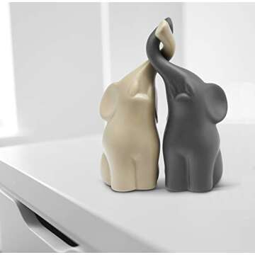 Vaudagio Loving Pair of Elephants in Beige & Grey - Modern Ceramic Sculpture - Figurine as a Set - Decoration Figure 6.3" high - Ornament Elephant in Love