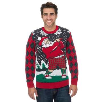 The Ugly Sweater Co. Mens Sports Golf Sports Ugly Christmas Sweater for Holiday Fun Design, Snug Fit Breathable Crewneck (Twilight Golfing Santa, Large)