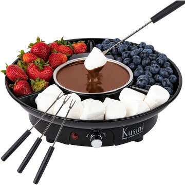 Kusini Electric Fondue Pot Set - Chocolate and Cheese Fondue - Temperature Control, Detachable Serving Trays, & 4 Roasting Forks - Gift Set & Date Night Idea. Serve at Movie Night or Game Night.