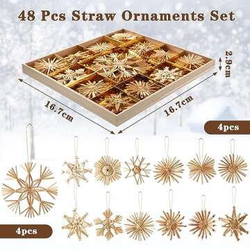 Gerrii 48 Pcs Straw Ornaments Set Scandinavian Christmas Decorations Including Stars Snowflakes Hearts Angel Wreath Goats/Julbuck for Danish Norwegia Nnordic Christmas Tree (Novel Snowflake)