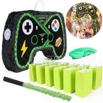 Video Game Controller Pinata- Video Game Decoration Party Supplies. Complete Pinata Kit for Boys and Girls Birthday Party with Pinata Breaking Bat, Soft Blindfold, and 12 Candy Bags! (17" x 13" x 4")