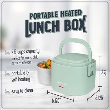 Nostalgia Portable 20-Ounce Electric Heated Lunch Box – Travel Size 2.5 Cup Capacity for Soup, Chili, and Leftovers – Leak Proof Silicone Sealed Lid, Foldable Carry Handle, Detachable Cord – Sage