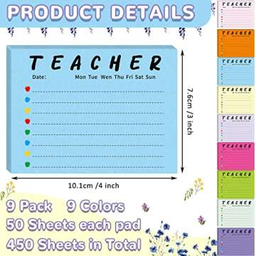 9 Pack 450 Sheets Teacher Notepad Sets, 3 x 4 Inch Teacher Sticky Notes, Colored to Do List Memo Pad, Teachers Appreciation Gifts in Bulk for Christmas Birthday First Day of School (50 Sheets/Pad)