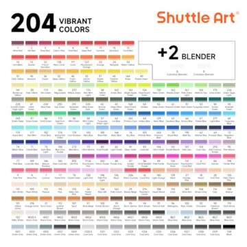 Shuttle Art 205 Colors Dual Tip Alcohol Markers, 204 Colors Permanent Marker Plus 1 Blender 1 Marker Pad 1 Case and Color Chart for Kids Adult Artist Drawing Coloring Books Sketching Card Making