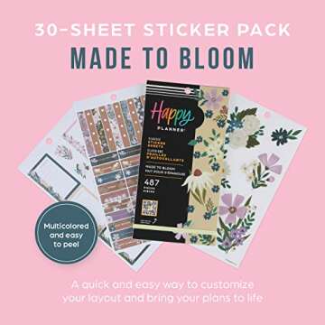 Happy Planner Sticker Pack for Calendars, Journals, and Diary Planners, Multicoloured Scrapbook Accessories, Made to Bloom Theme, Classic Size, 30 Sheets, 487 Total Stickers