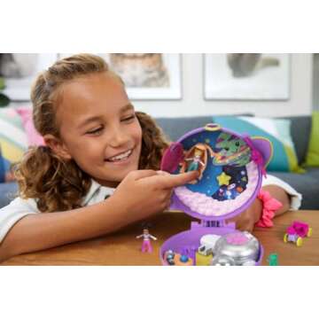 Polly Pocket Playset with 2 Micro Dolls, Toy Car & Surprise Accessories, Saturn Space Explorer Compact for Travel