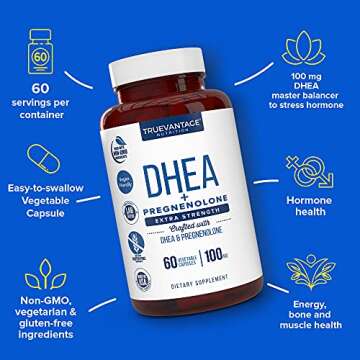 Truevantage Nutrition DHEA 100mg Supplement with Pregnenolone 60mg -Supports Hormone Balance, Lean Muscle Mass, Energy, Mood, Sleep, and Healthy Aging in Men and Women- Vegetable Capsules