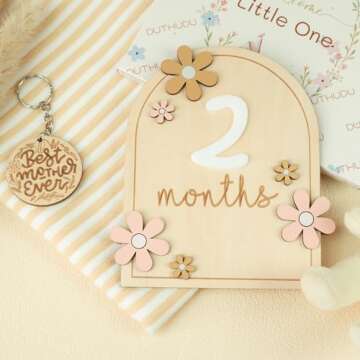 Monthly Baby Milestone Signs - Baby Monthly Milestone Wooden Circles for 1-12 Month Photos & Gender Neutral Announcement Cards (Flower)