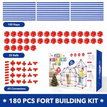 180Pcs Fort Building Kit Toy for Kids 4 5 6 7 8 9 10 11 12 Years Old Boy Girl Gift, Creative STEM Fort Building Indoor Outdoor Building Toys Christmas, Birthday Gifts Build Construction Toys(Blue&Red)