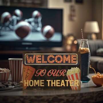 Putuo Decor Movie Theater Sign, Vintage Wall Decor for Bar, Cafes Pubs, Media Room, 12x8 Inches Aluminum Metal Sign (Welcome to Our Home Theater)