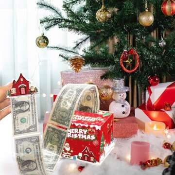 JOYJOM Christmas Money Box for Cash Gift Pull, Money Gift Boxes for Cash with Pull Out Surprise Merry Christmas Box Holder with 50Pcs Transparent Bags for Women Men Girls Boys Mom Dad Friend