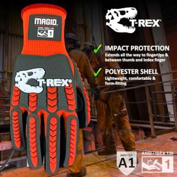 MAGID T-REX Impact-Resistant Work Gloves, 9/L, 1 Pair, Puncture Resistant Gloves, Work Gloves Men Heavy Duty Work Gloves With Grip (Orange Shell | Grey TPR | Black Sandy Nitrile Grip)